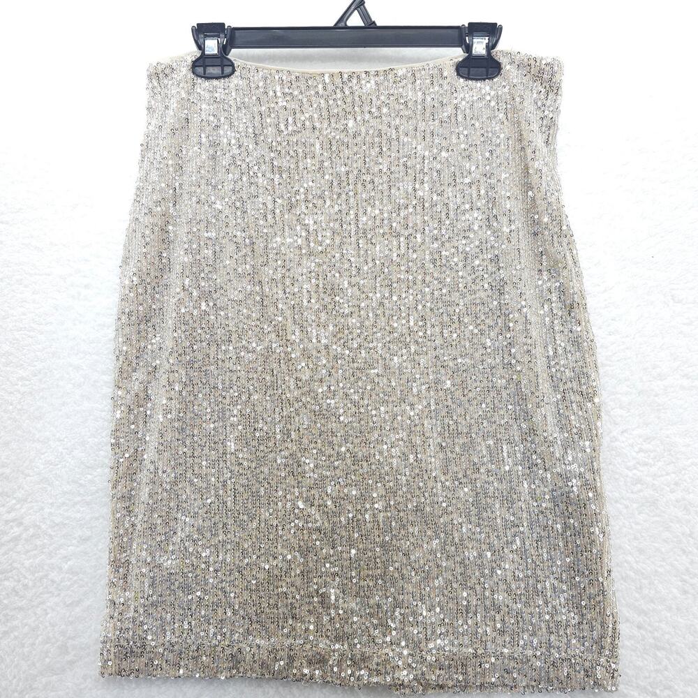DKNY Sequin Skirt Womens 10 Cream Lined Stretc Shimmer Knee Length Slit Back Zip